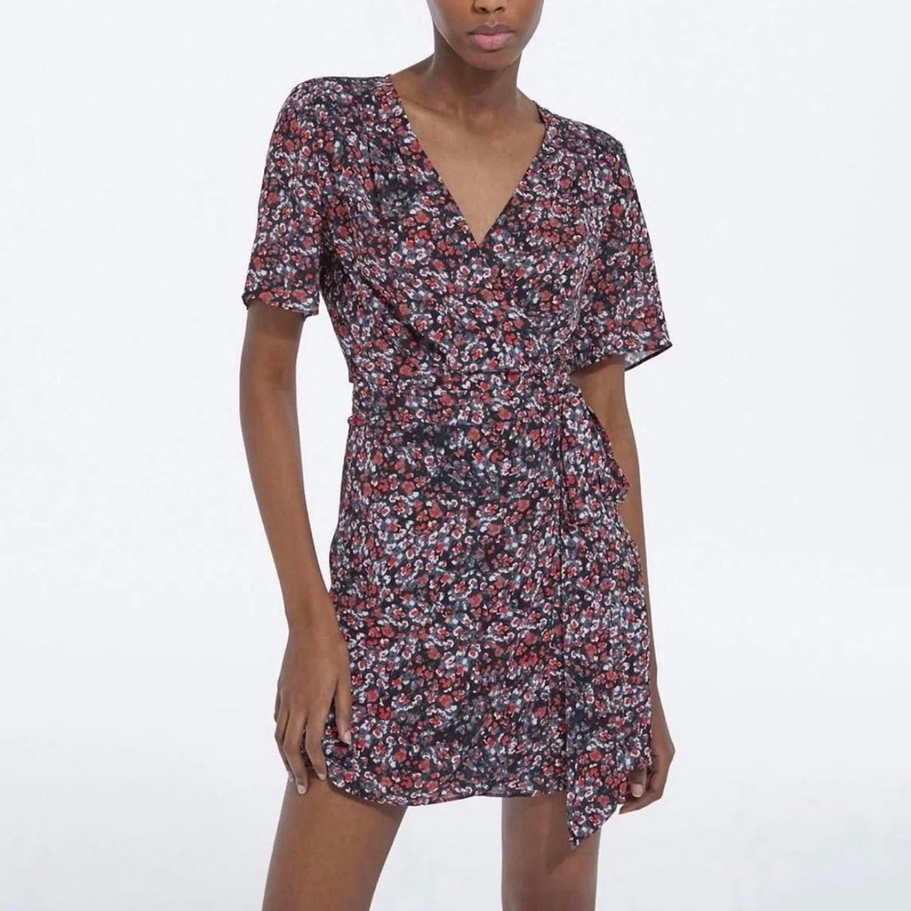 KOOPLES Short Floral Dot Mini Wrap Dress Black & Red NWT Size 1 (US 4)